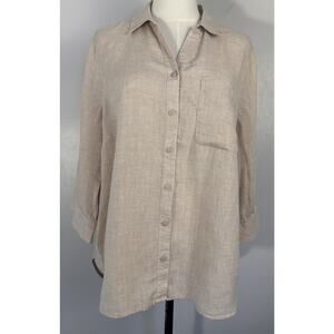 Chico’s Women’s 100% Linen Beige Shirt Minimalist coastal Natural Sz 2 (12/14)